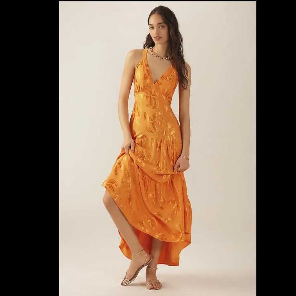 FARM Rio Orange Floral Satin Maxi Dress